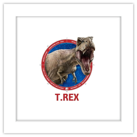 Gallery Pops Jurassic World - T. Rex Badge Wall Art, White Framed Version, 12" x 12"