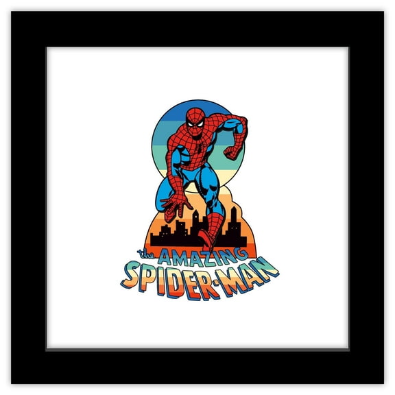 Gallery Pops Marvel Spider-Man - Retro Spotlight Running the City Wall Art, Black Framed Version, 12" x 12"