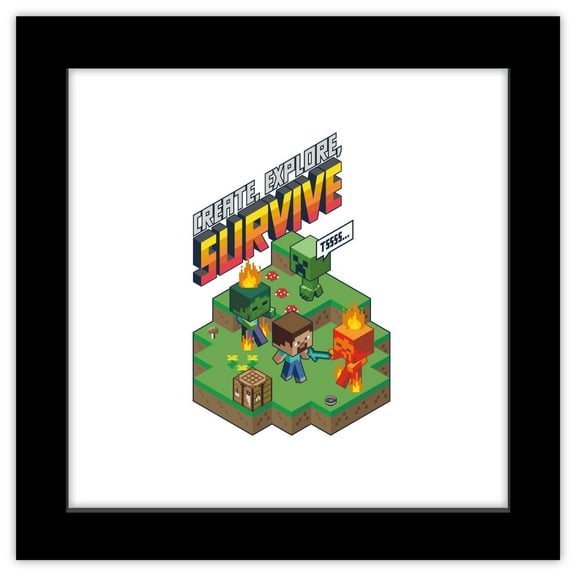 Gallery Pops Minecraft - Create, Explore, Survive Wall Art, Black Framed Version, 12" x 12"