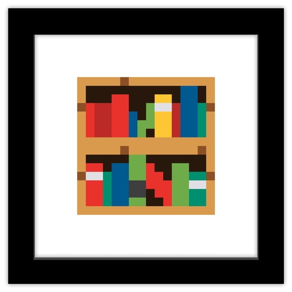 Gallery Pops Minecraft: Iconic Pixels - Blocks - Bookshelf Wall Art, Black Framed Version, 12" x 12"