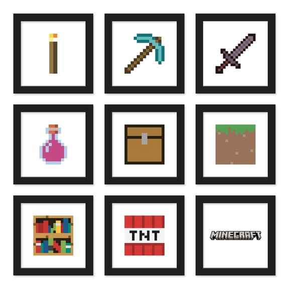 Gallery Pops Minecraft - Iconic Pixels Builder's Essentials Wall Art Bundle (9-Pack), Black Framed Version, 12" x 12"