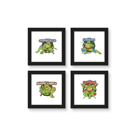Gallery Pops Nickelodeon Teenage Mutant Ninja Turtles - Badges Wall Art Bundle (4-Pack), Black Framed Version, 12" x 12"