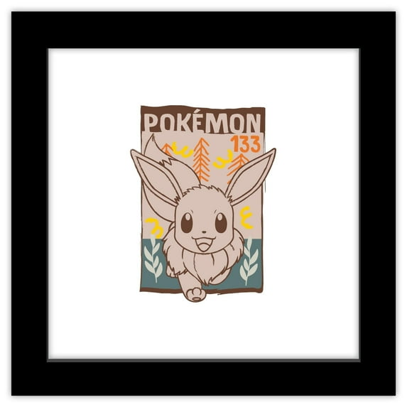 Gallery Pops Pokemon - Peaceful Nature Eevee Badge Artwork Wall Art, Black Framed Version, 12" x 12"