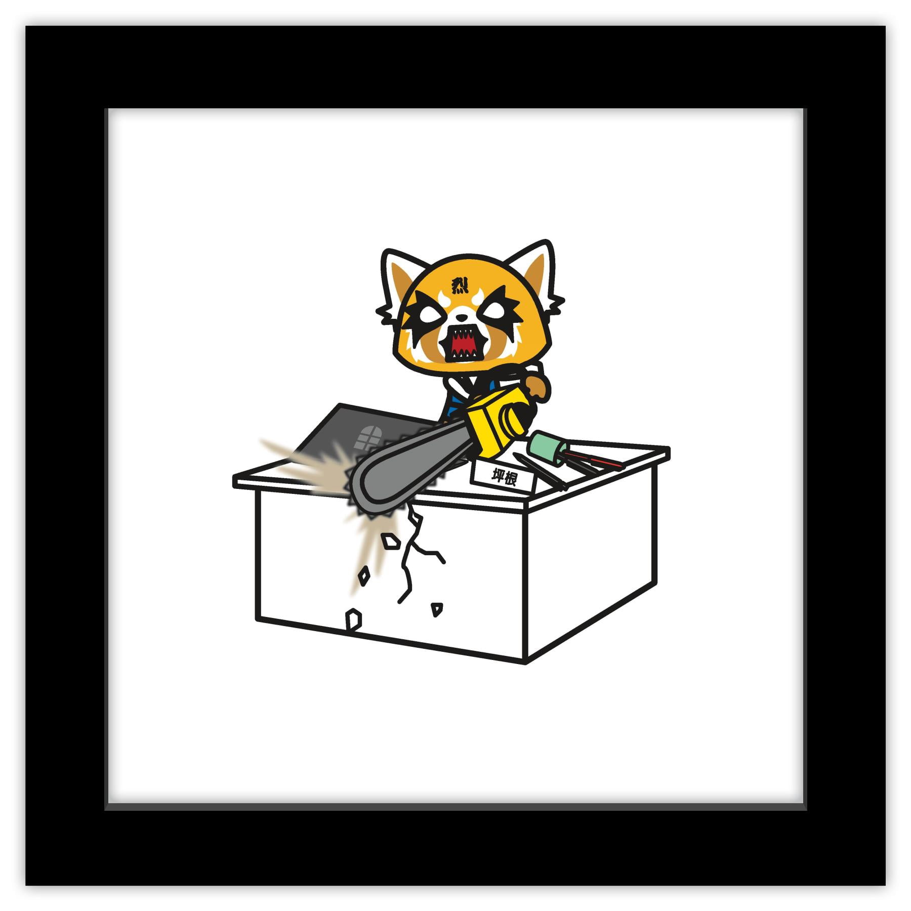 Sanrio Aggretsuko Chainsaw Desk Scene Black Framed Poster, 12" x 12"