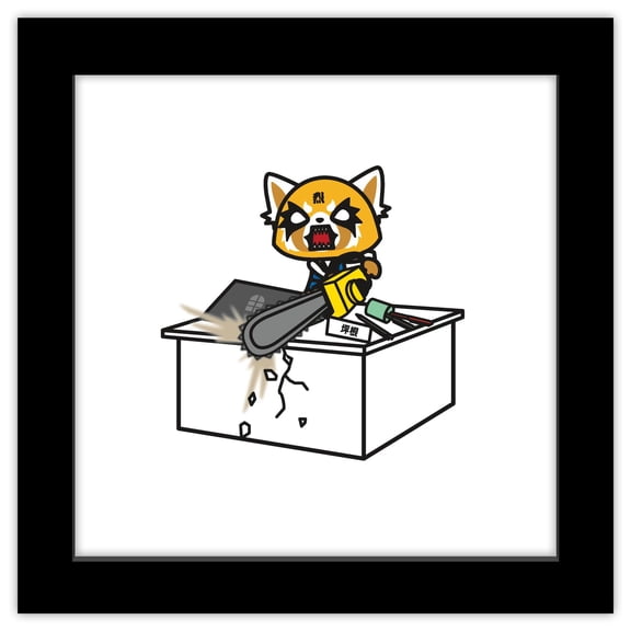 Gallery Pops Sanrio Aggretsuko - Retsuko Desk Chainsaw Wall Art, Black Framed Version, 12" x 12"