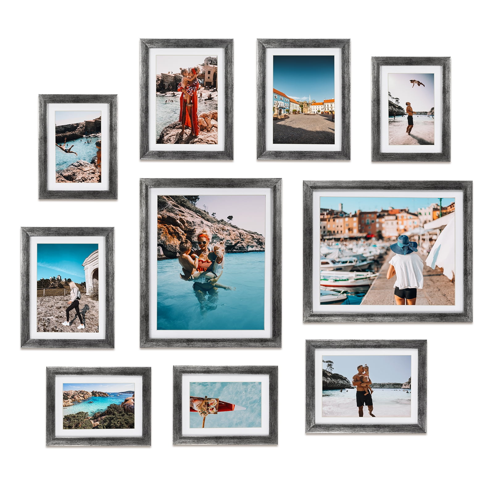 Gallery Set of 10 Picture Frames with Mats, Modern Contemporary Style, Multi-Size Frames, Maestro Collection, Silver(Four-4x6+Four-5x7+Tow8x10)