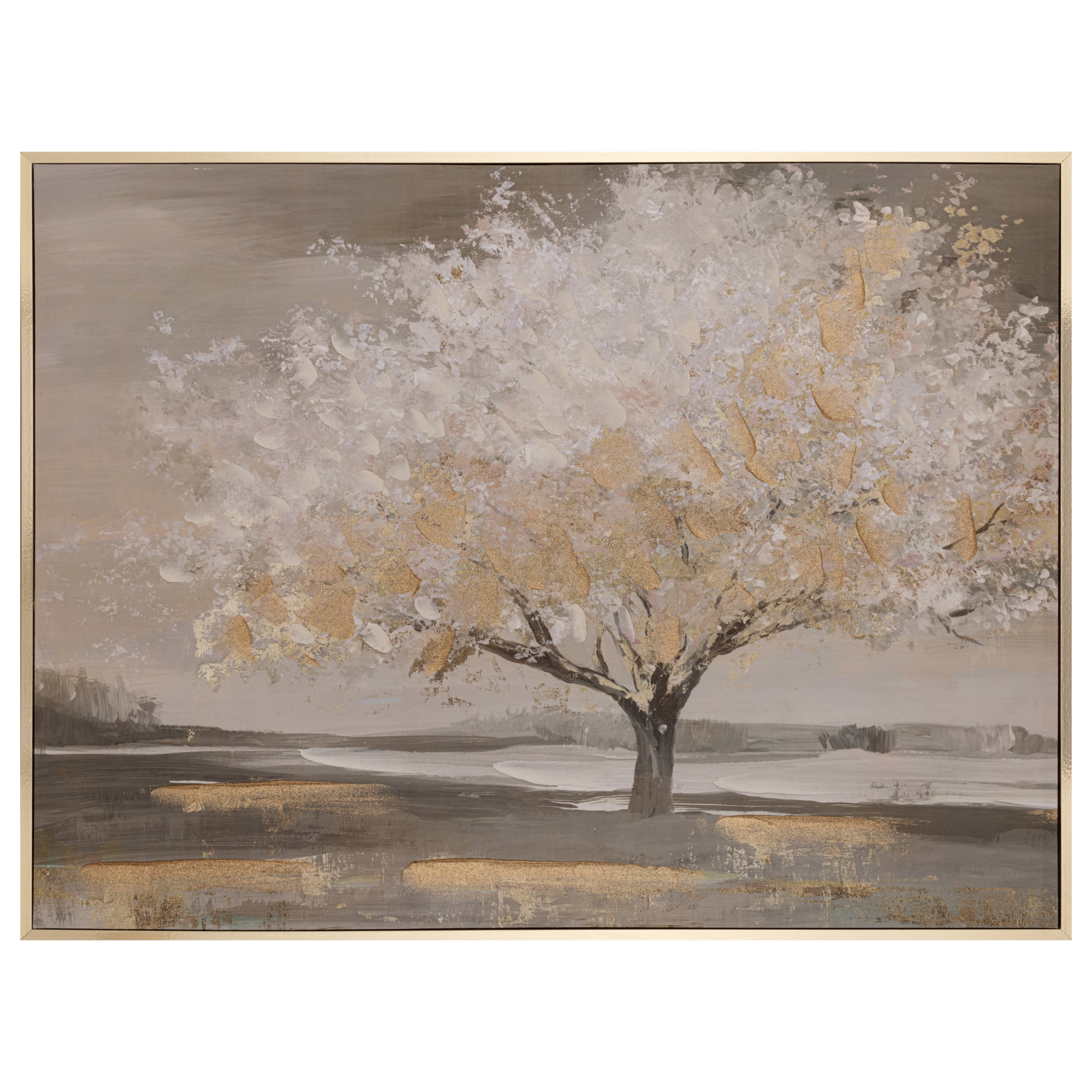Gallery Solutions 48x36 Framed Tree Canvas Art - White Tree with Gold Glitter and Hand-Painted Embellishments, for Living Room, Bedroom, or Office Decor