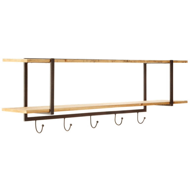 Gallery Solutions Farmhouse Two Tier Metal and Wood Floating Shelf with  Hooks, 2 Shelves, Natural 
