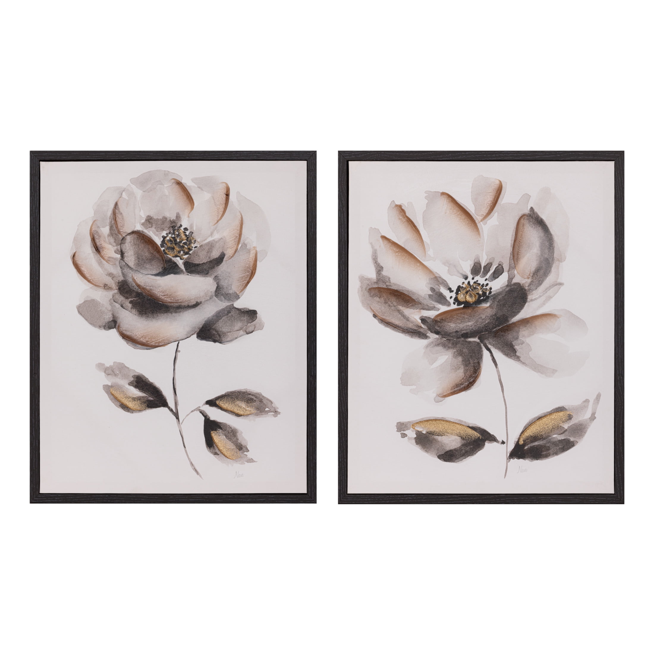 Gallery Solutions Set of 2 Large Framed Floral Canvas Art - 17x21 Black and White Floral Prints with Texture Finish, for Home or Office Décor