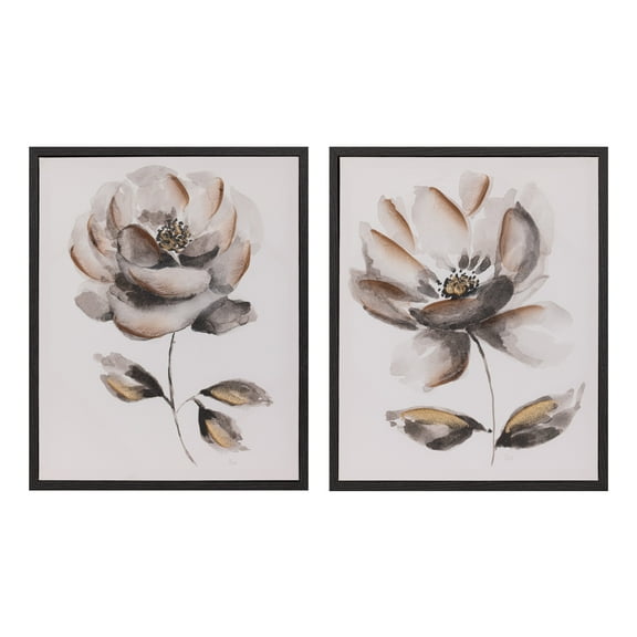 Gallery Solutions Set of 2 Large Framed Floral Canvas Art - 17x21 Black and White Floral Prints with Texture Finish, for Home or Office Dcor