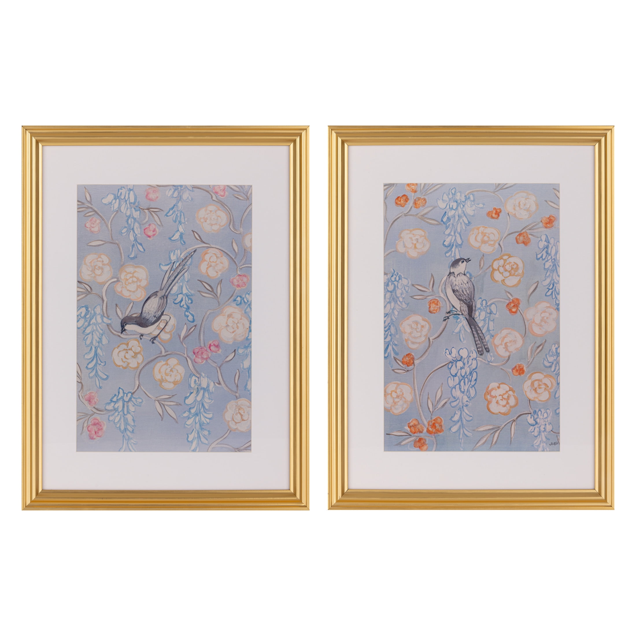 Gallery Solutions Set of 2 Framed Blue Bird Art Prints- 12x16 Floral Prints with Gold Foil Frame and Glass Matting for Elegant Wall Decor