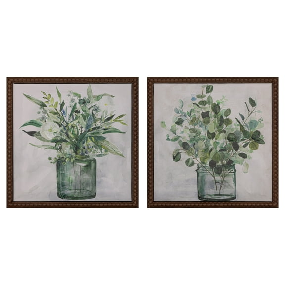 Gallery Solutions Set of 2 Framed Greenery in Vases Canvas Art - 10x10 Floral Farmhouse Prints, Beaded Frame and Hand-Painted Embellishments