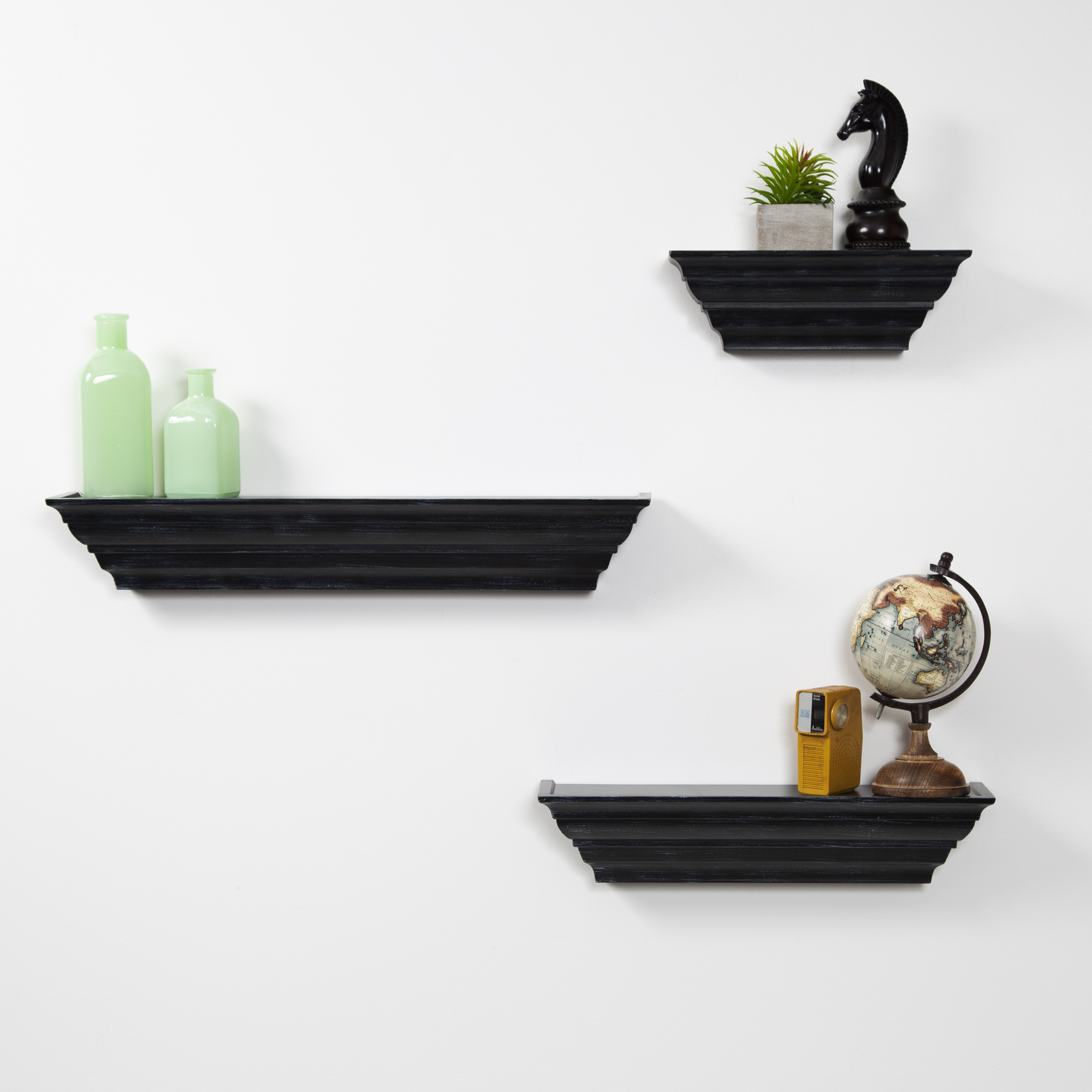 Gallery Solutions Traditional Distressed Black 3 Piece Floating Ledge Shelf Set