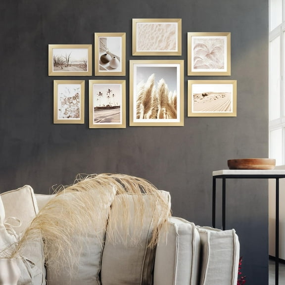 Gallery Wall Frame Set, 8 Pack Picture Frames Collage with Neutral Pampas Grass Art for Bedroom - Gold Frame, Small
