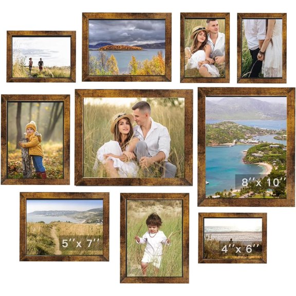 Gallery Wall Frame Set 10 Pcs, Multi Size Picture Frames Collage for Wall Mounting Tabletop Display, Rustic Brown
