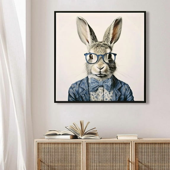 Gallery Wrapped Canvas Wall Art - Dapper Bunny in Tailored Cobalt Blue Suit, Modern Animal Portrait Framed Print for Lounge/Office Decor decorative picture painting