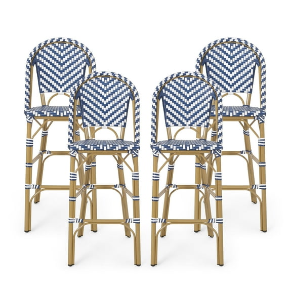 Gallia Aluminum Outdoor French Barstools, Set of 2, Navy Blue, White, and Bamboo Finish
