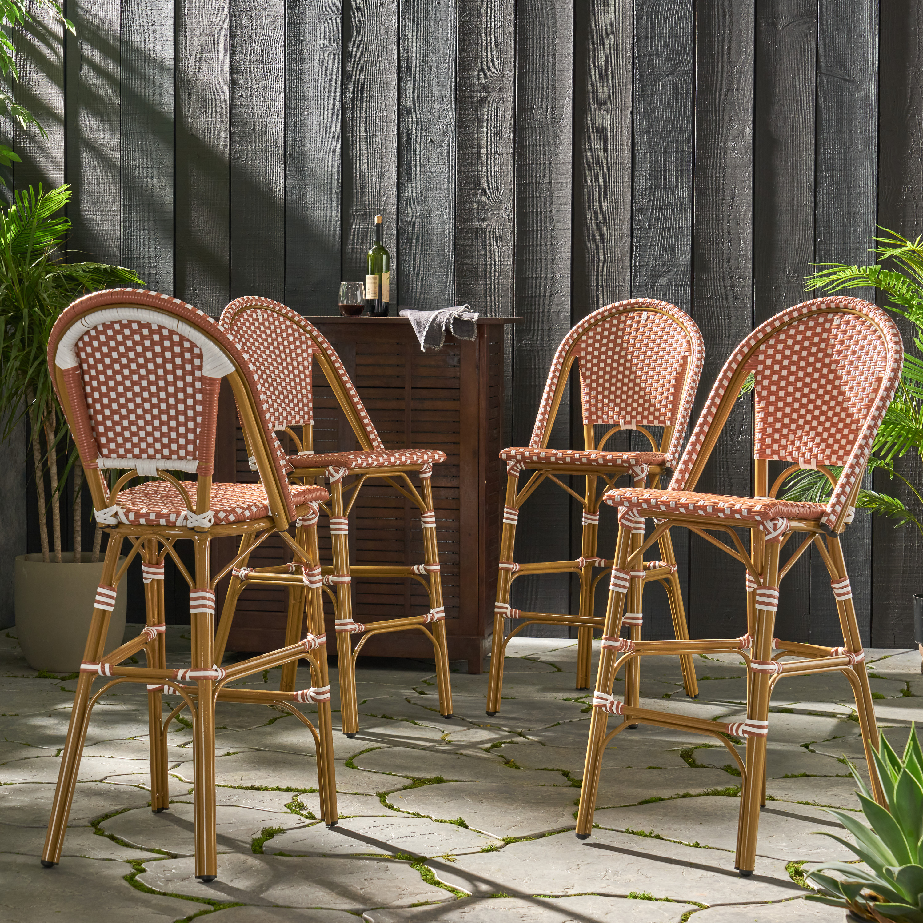 Gallia Aluminum Outdoor French Barstools, Set of 4, Rust, White, and Bamboo Finish