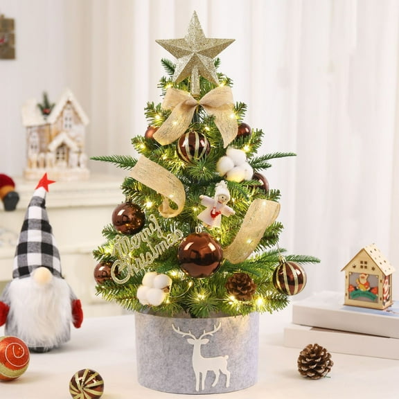 Gallickan 1.5 FT Mini Christmas Tree with Light, Christmas Decorations with Multiple Ornaments, Small Christmas Tree for Indoor Outdoor Tabletop Decoration, Coffee