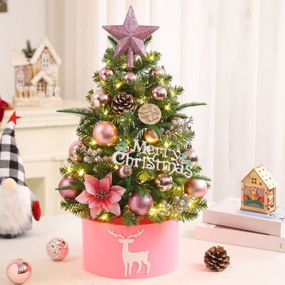 Gallickan 1.5 FT Mini Christmas Tree with Light, Christmas Decorations with Multiple Ornaments, Small Christmas Tree for Indoor Outdoor Tabletop Decoration, Pink