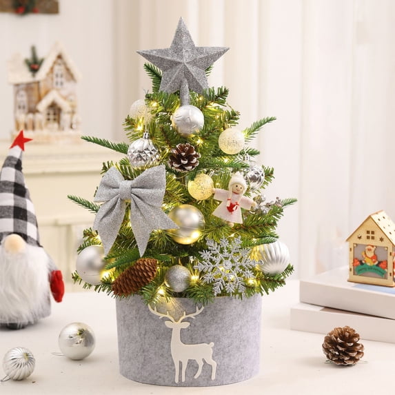 Gallickan 1.5 FT Mini Christmas Tree with Light, Christmas Decorations with Multiple Ornaments, Small Christmas Tree for Indoor Outdoor Tabletop Decoration, Silver