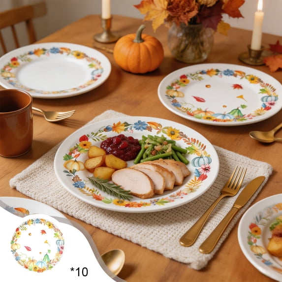 Gallickan 10pc 7 Inch Thanksgiving Paper Plates, Maple Leaf and Pumpkin Design, Disposable Fall Party Tableware, Sturdy Microwavable Dinner Dessert Plates for Holiday Gathering