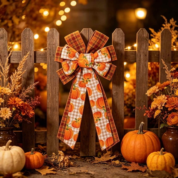 Gallickan 19.7-Inch Pumpkin Print Wreath Bow, Multi-Layer Faux Ribbon for Halloween Front Door Decor, Spooky Holiday Ornament