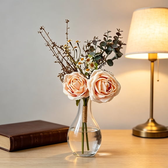 Gallickan 1pc Artificial Rose Small Handtied Bouquet, Faux Dried Branch Floral Arrangement, 14.96 Inch, Boho Style, for Wedding Home Table Centerpiece Decor, Beige