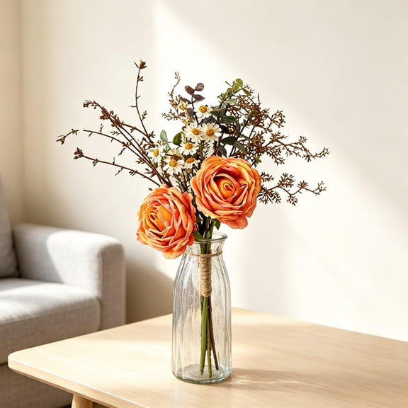 Gallickan 1pc Artificial Rose Small Handtied Bouquet, Faux Dried Branch Floral Arrangement, 14.96 Inch, Boho Style, for Wedding Home Table Centerpiece Decor, Orange