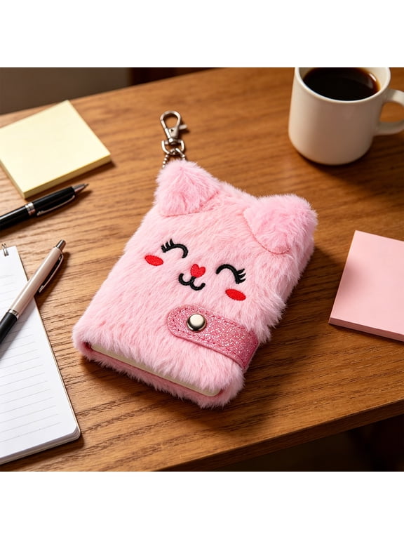 Gallickan 1pc Kawaii Cat Plush Notebook, Mini Furry Journal for Girls, Portable Writing Pad with Keychain, Backpack School Gift, Pink