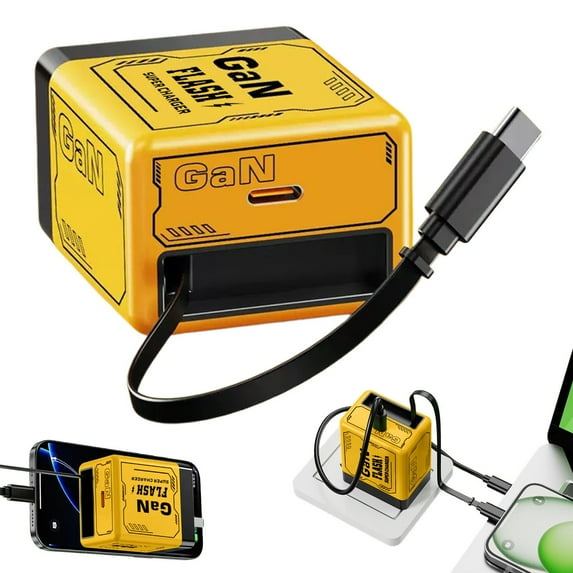 Gallickan 2 in 1 GaN Charger 120w, Fast Charging Wall Charger Power Adapter with Type C Cable And USB Ports, All-in 1 Foldable Charging Adapter for Phone, Laptops, Yellow