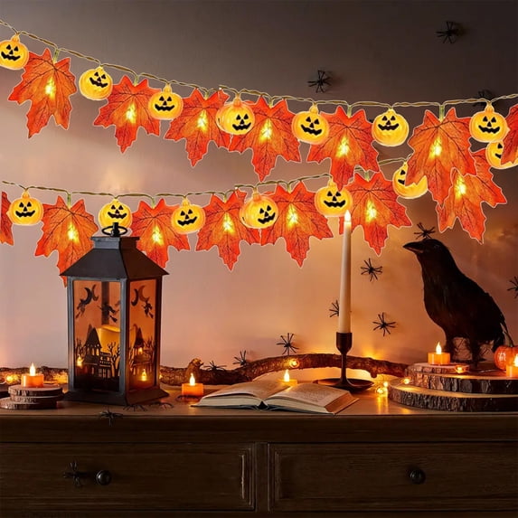 Gallickan 3m 20 LED Halloween Maple Leaf and Pumpkin String Lights, Battery Operated, Bendable Copper Wire, Waterproof, Indoor Outdoor Courtyard Party Decoration, Style A