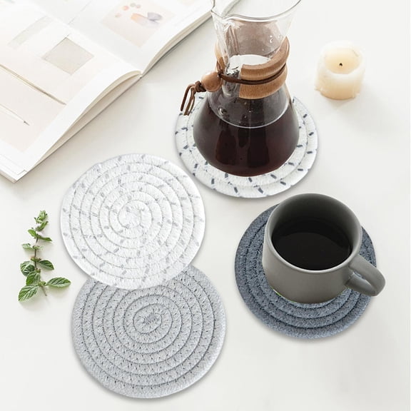 Gallickan 4pc Round Woven Cotton Rope Coasters, 4.33in Heat Insulation Drink Mats, Handcrafted Kitchen Table Pads, Gray, Absorbent and Washable