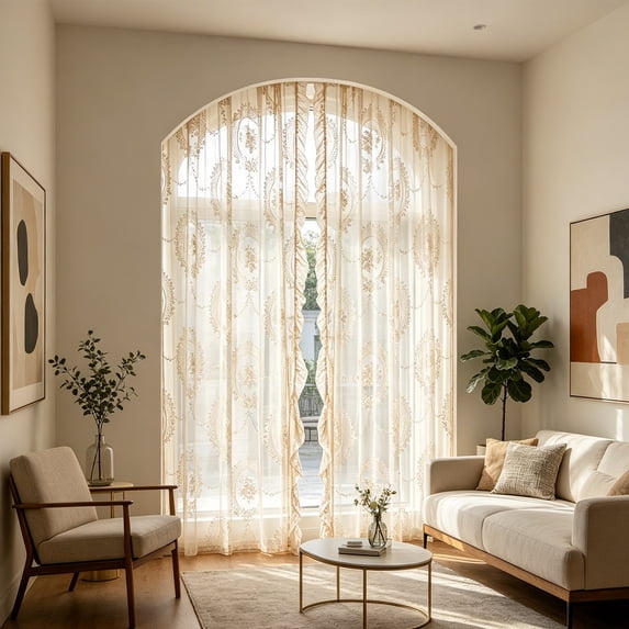 Gallickan Beige Lace Sheer Curtain with Floral Embroidery, Rod Pocket Semi-Sheer Window Drape 63x55 Inches, for Home Decor, 1pc Curtains