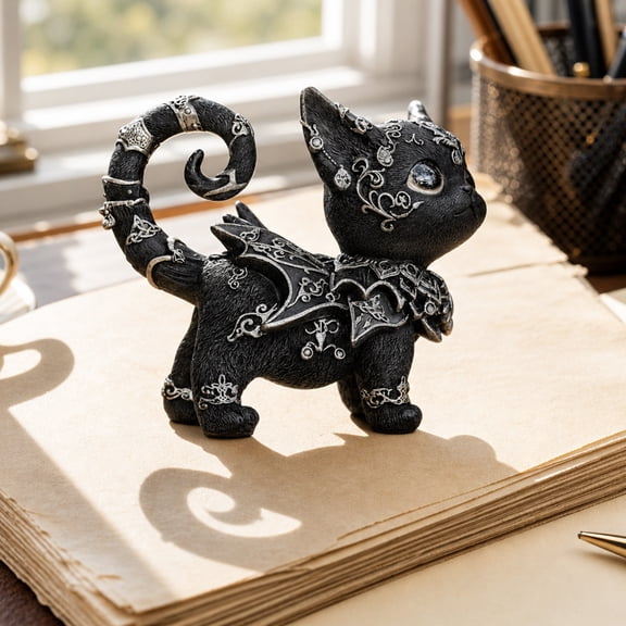 Gallickan Big Eyes Black Cat Figurine with Silver Decor Proud Upright Stance Resin Statue for Home Desk Shelf European Classical Gift