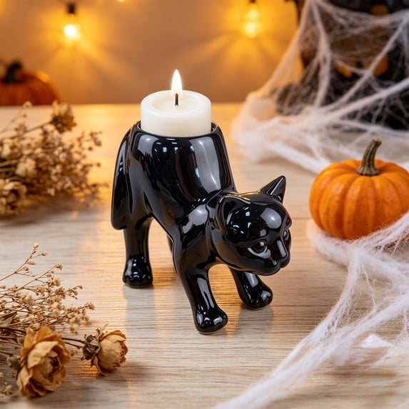 Gallickan Black Ceramic Cat Candlestick, Gothic Halloween Cat Candle Holder for Spooky Home Decor Tabletop