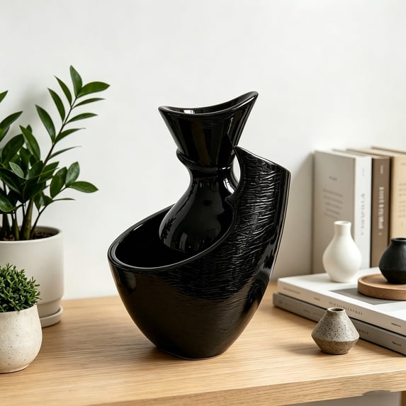 Gallickan Black Modern Abstract 3D Printed Vase, Irregular Textured Decorative Flower Vase for Home Office, Lightweight, 1pc Decoration Ornaments