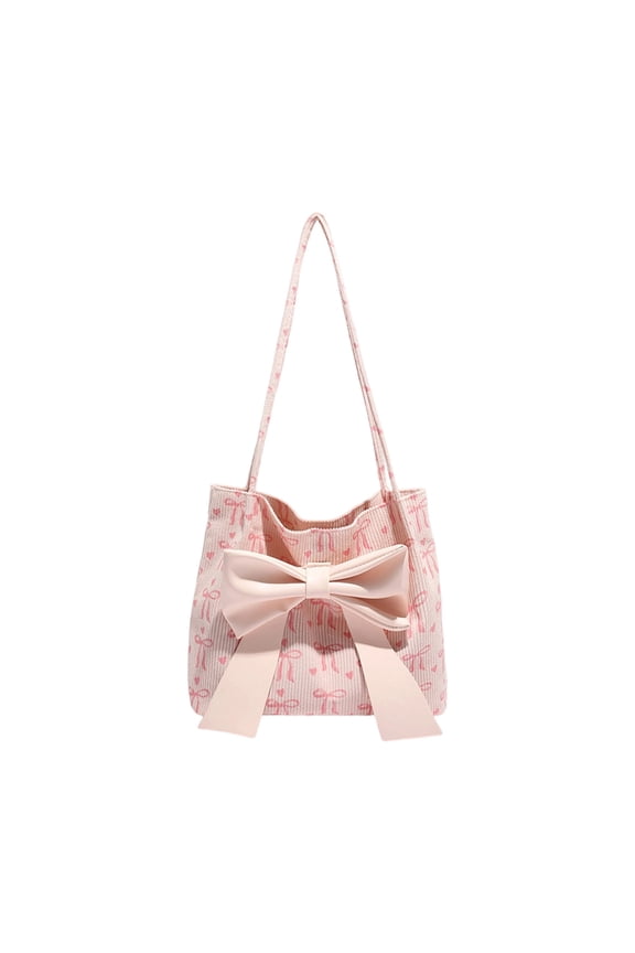 Bow Canvas Shoulder Bag, Women's Tote Bag with Bowknot Design, Casual Handbag for Everyday Use, Spacious Purse in White Black Pink, Fashion Bag for Women and Gift, Pink