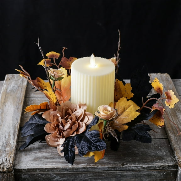 Gallickan Candle Holder Ring, Metal Flame Style Wreath Decor, Fireplace Front Door Accent Piece, Seasonal Centerpiece For Gathering Display, Khaki