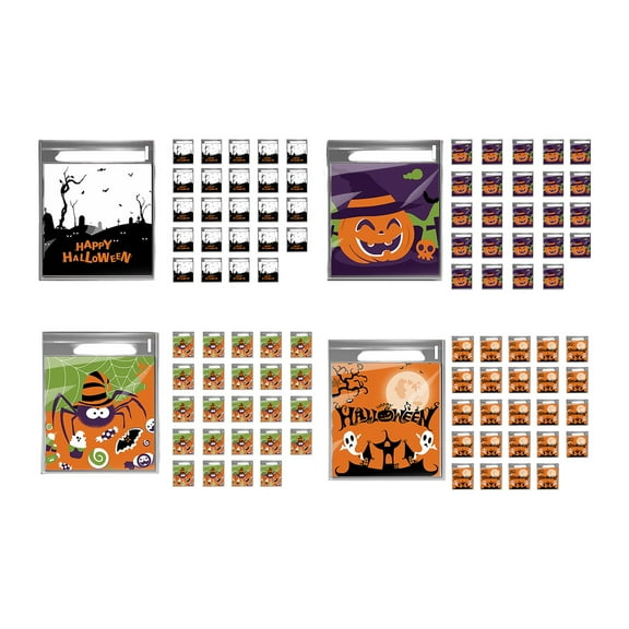 Gallickan Candy Bags, 100 Pack Plastic Goodie Pouch for Halloween Treat Collection, Party Favor Containers, Trick or Treat Snack Storage Supplies, Multicolor
