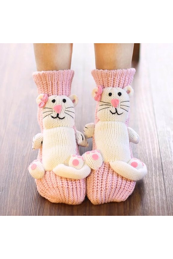 Cat Socks, Pink and White Cat Design Socks, Animal Themed Knit Socks, Hand Crocheted Warm Socks, Non-Slip Floor Socks, Assorted Patterns, for Holiday Gifts