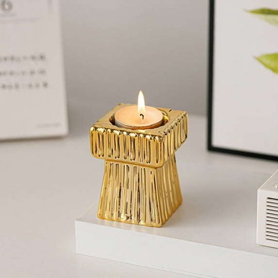 Gallickan Ceramic Candle Holder, Square Modern Candle Cup, Handheld Candle Stand, Minimalist Desktop Decor for Wedding and Home, Gold