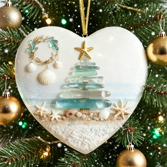 Gallickan Ceramic Christmas Tree, Sea Glass Design Ornament, Coastal Holiday Decor, 2D Tabletop Decoration, for Home Display