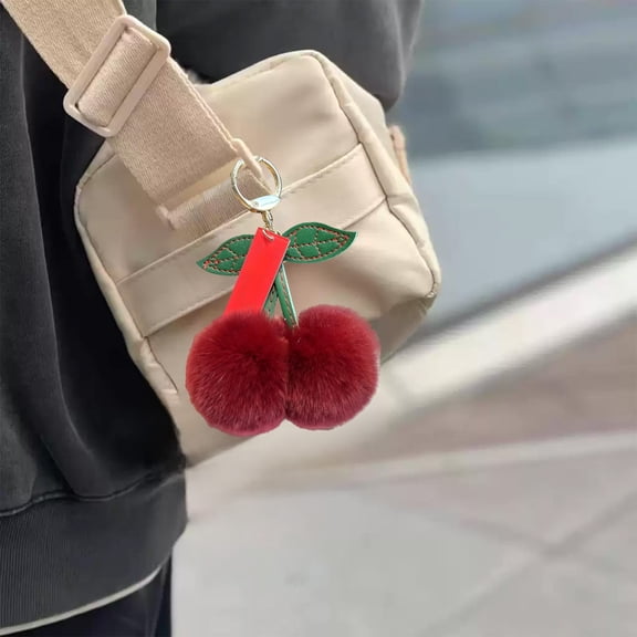 Gallickan Cherry Keychain, Fruit Plush Ball Backpack Charm Metal Clip, Cute Accessory Pendant Decor Gift, Wine