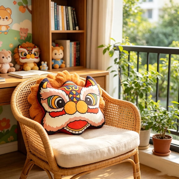 Gallickan Chinese Lion Dance Throw Pillow, Cute Festive Cushion, Soft Decorative Pillow, 13.78 Inches, for Sofa Couch Bedroom, Lunar New Year Home Decor