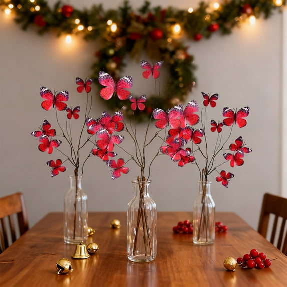 Gallickan Christmas Artificial Dried Branch, Butterfly Floral Arrangement for Christmas Tree Decoration, Fake Flower Spray for Home Decor, Winter Theme Decor, Red