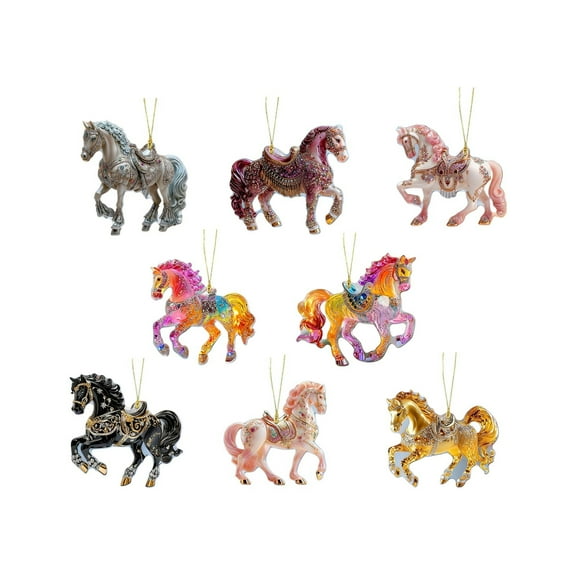 Gallickan Christmas Horse Ornaments, 8 Pcs 2D Acrylic Hanging Set, Flat Animal Tree Decor, for Vehicle and Holiday Display
