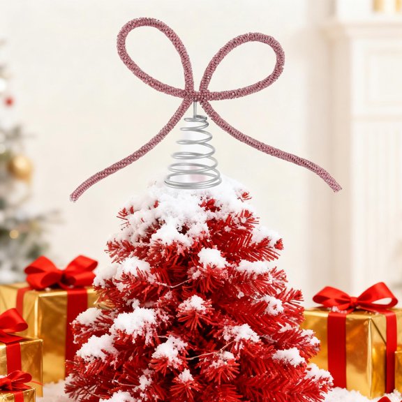 Gallickan Christmas Tree Topper, Metal Star Tree Top Decor, Rhinestone Bow Holiday Ornament, Shimmering Party Ambiance Prop for Christmas Tree Decoration, Pink