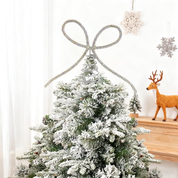 Gallickan Christmas Tree Topper, Metal Star Tree Top Decor, Rhinestone Bow Holiday Ornament, Shimmering Party Ambiance Prop for Christmas Tree Decoration, Silver
