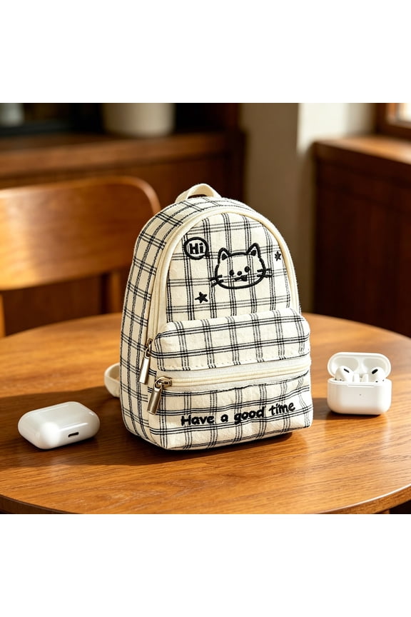 Cute Plaid Cat Print Coin Purse, Mini Wallet with Chain, Portable Keychain Pouch, Small Change Bag for Women Men, White